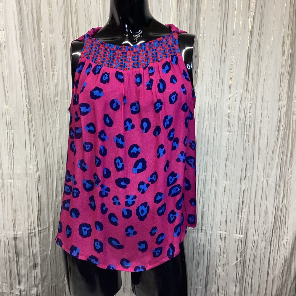 Anthropologie Conditions Apply Sleeveless Blouse - Pink w Blue Leopard - L - NWT